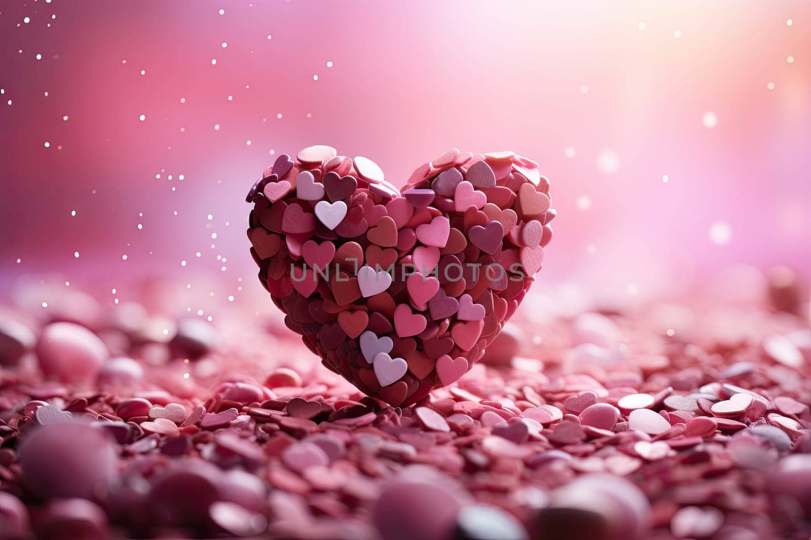 a heart made out of small pink and white hearts on a soft pink background with sparkling stars in the sky