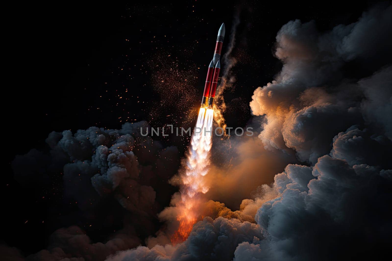 a rocket taking off into the night sky, with smoke and sparks coming from its tail photo shutterstocker