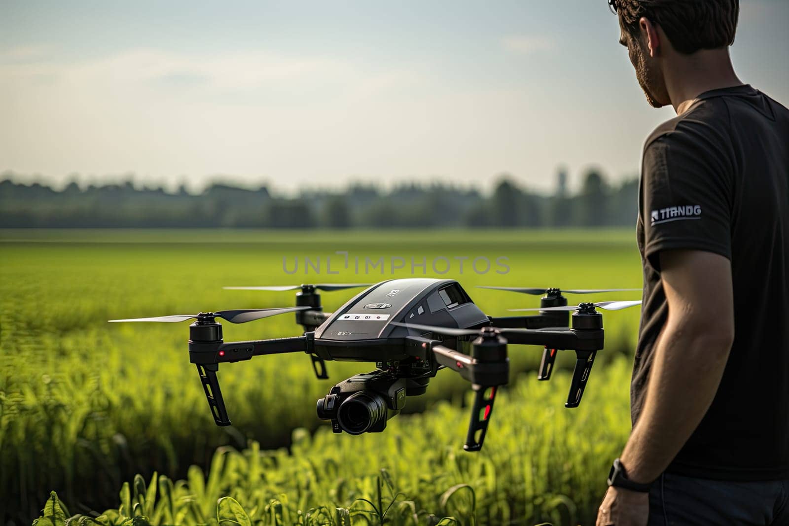 a man standing in the middle of a field with a drone flying over his shoulder and looking at the camera