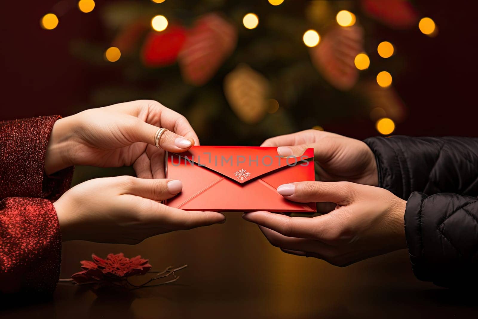 a couple holding a red envelope with christmas tree by golibtolibov