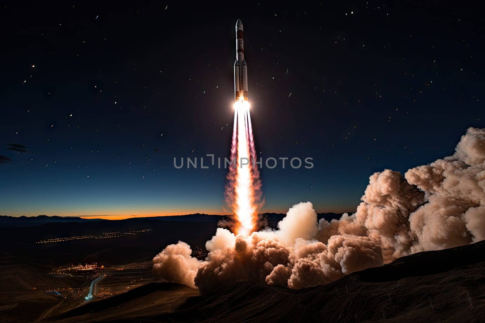 a rocket taking off into the night sky with smoke coming from it's tail and clouds in the background