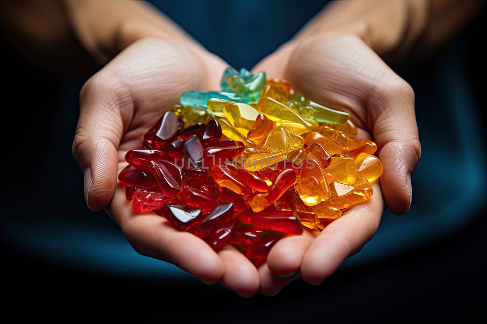 CBG Gummies. two hands holding a pile of colorful candies by golibtolibov