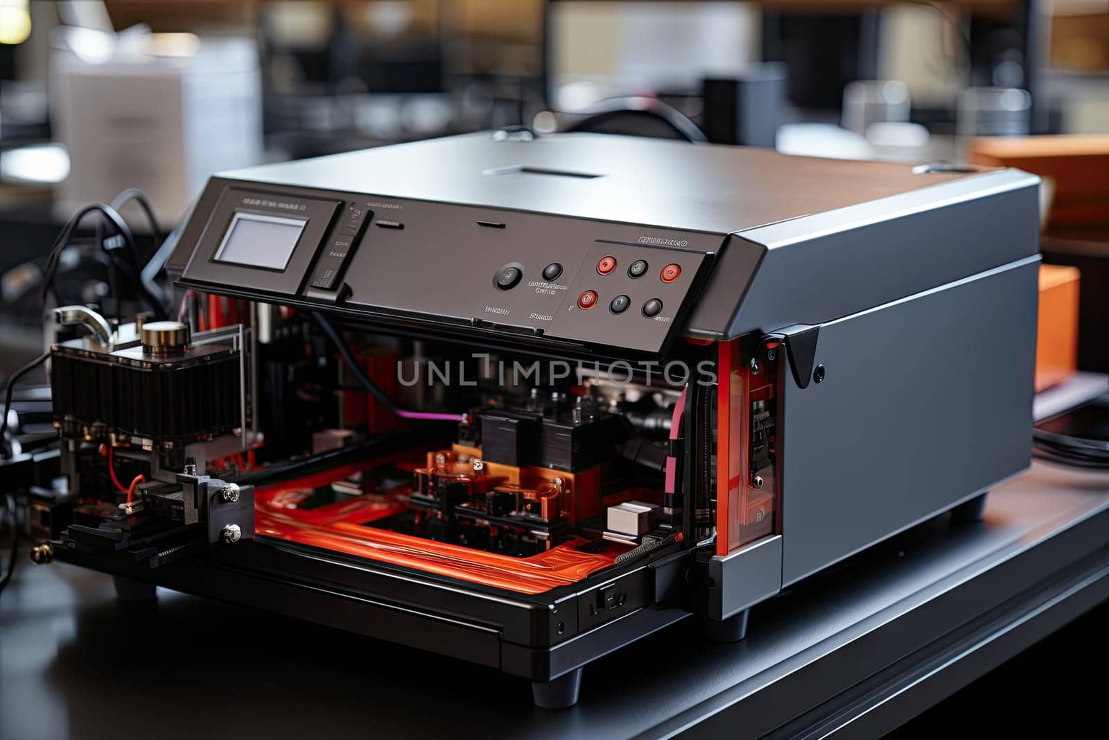 a 3d printer sitting on a table with other machines in the background and an orange light coming from behind it