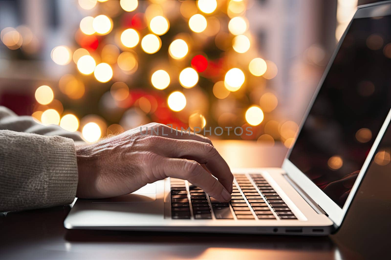 someone's hands typing on a laptop in front of a christmas tree with lights behind it and a blured background