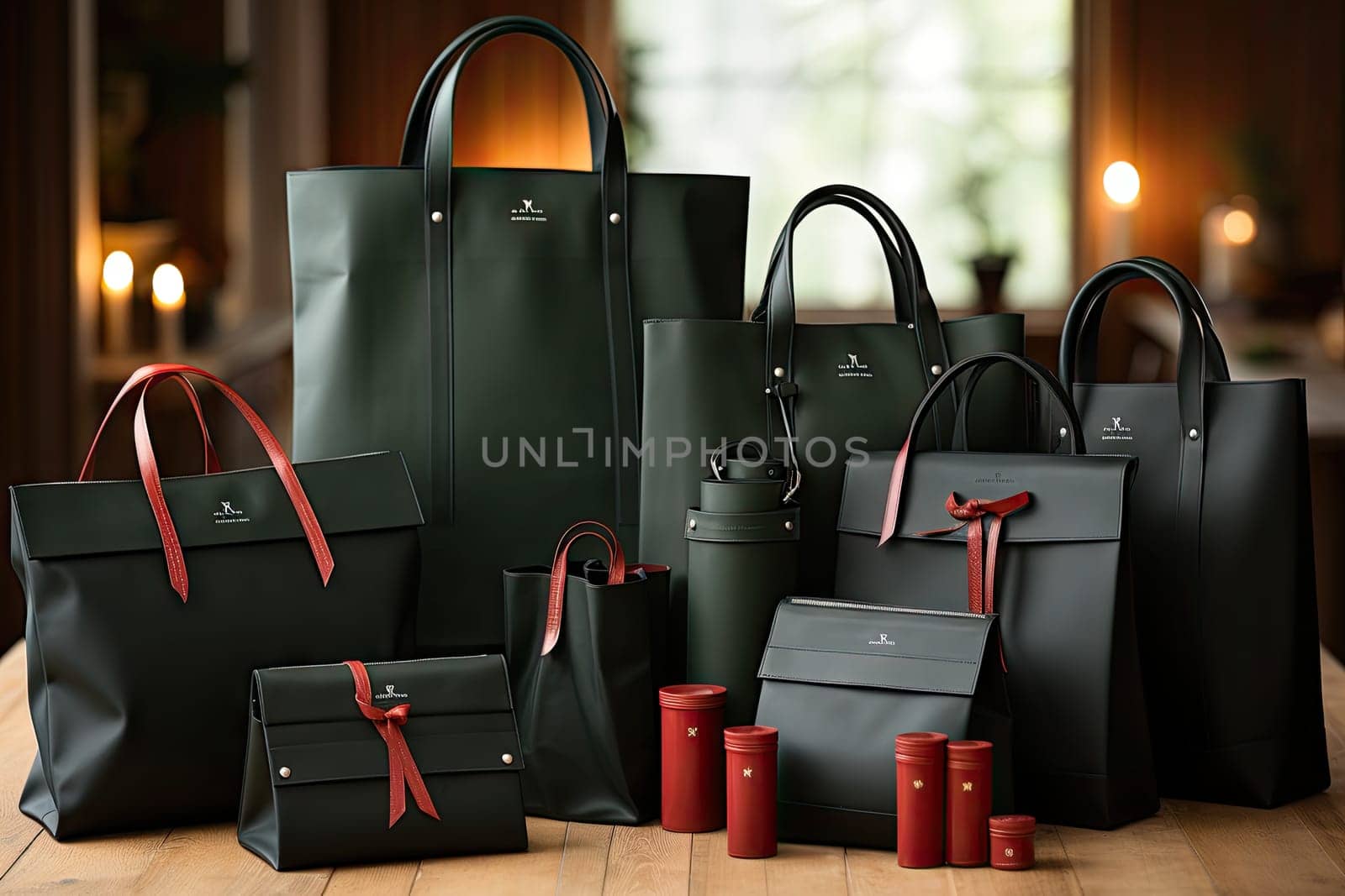 a group of black purses and bags in a by golibtolibov