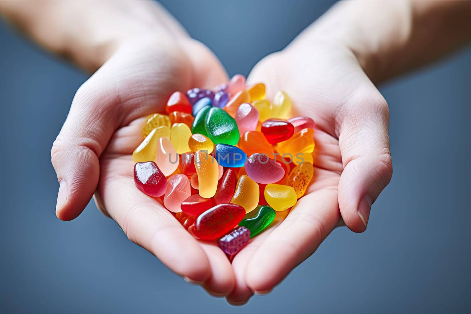 CBG Gummies. two hands holding small pieces of gums in the shape of a heart made out of multi - colored gums
