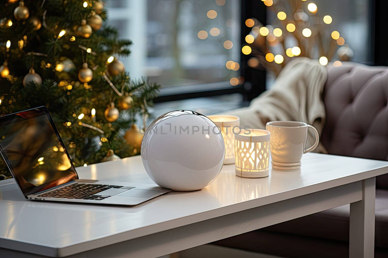 a laptop on a table next to a christmas tree with lights in the background and a cup of coffee beside