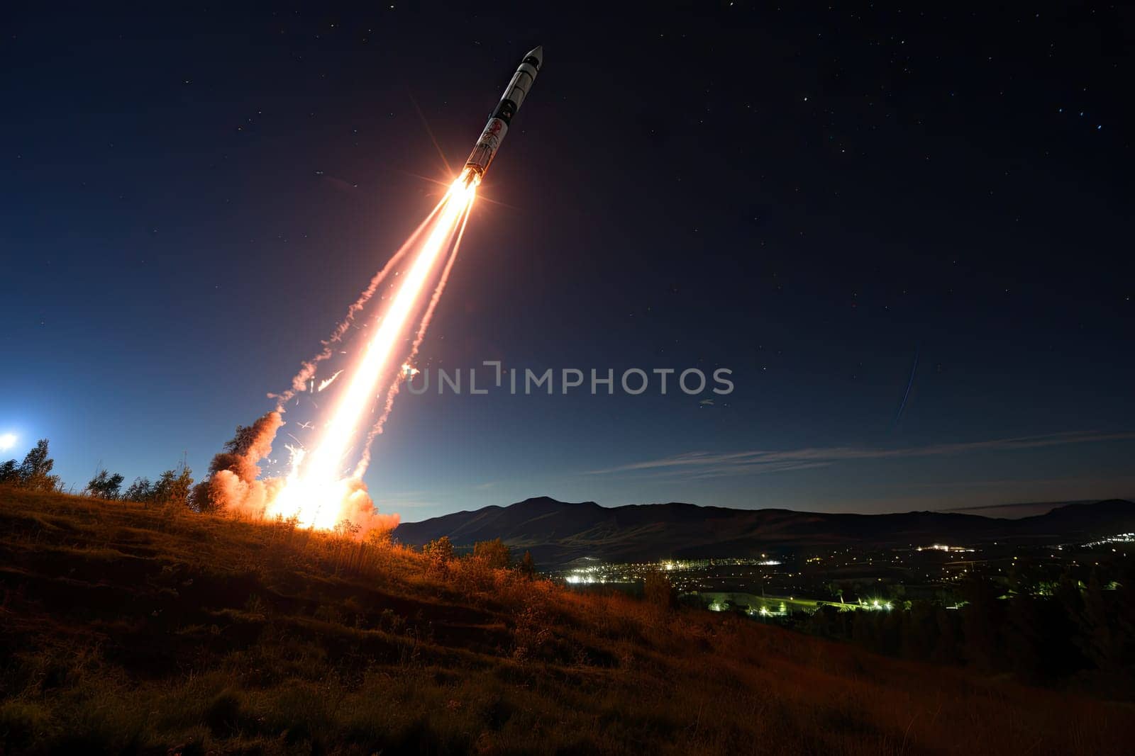 a rocket taking off into the night sky as it is about to land on top of a hill with mountains in the background