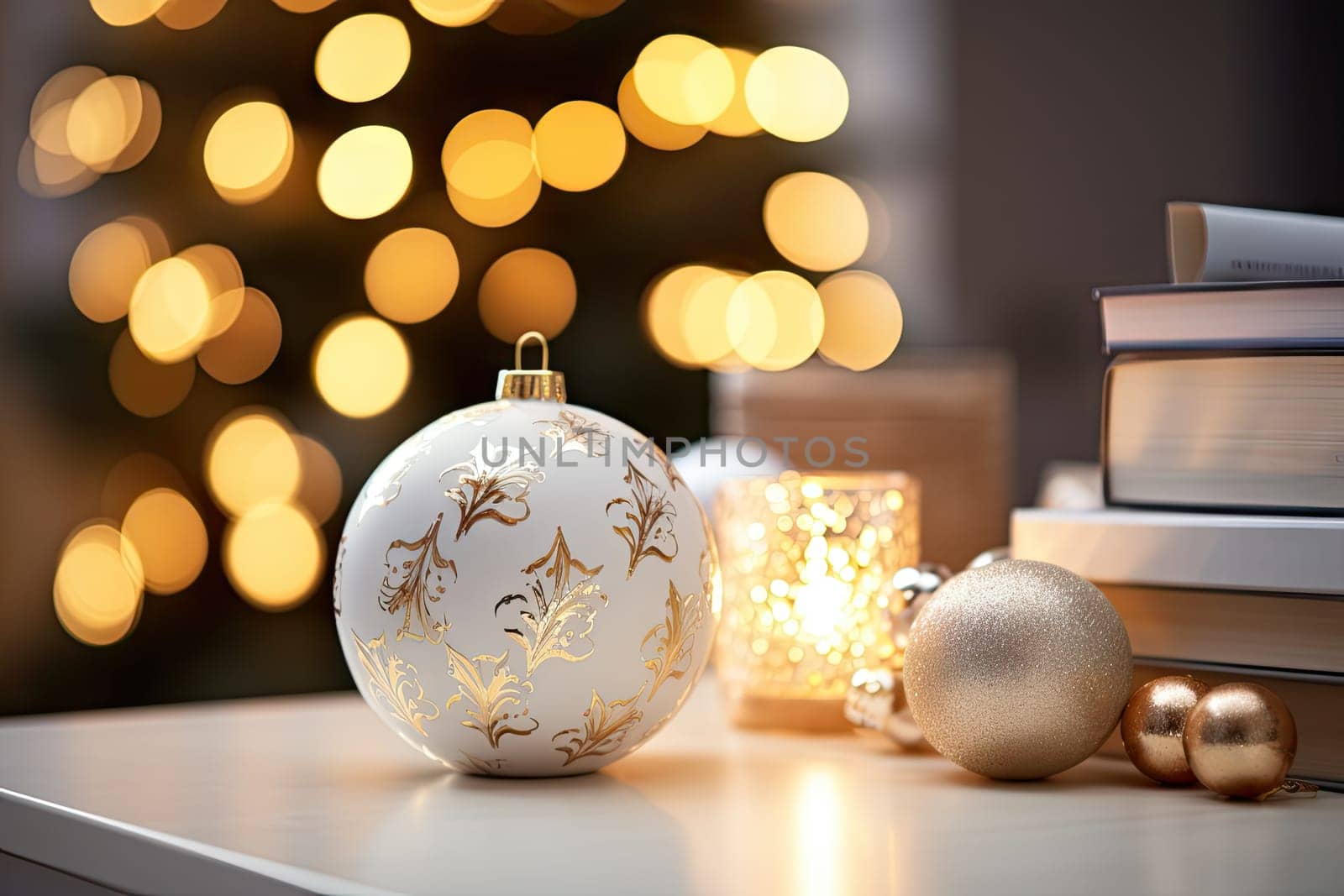 a christmas orname on a table next to some books and a lit tree in the background with gold lights