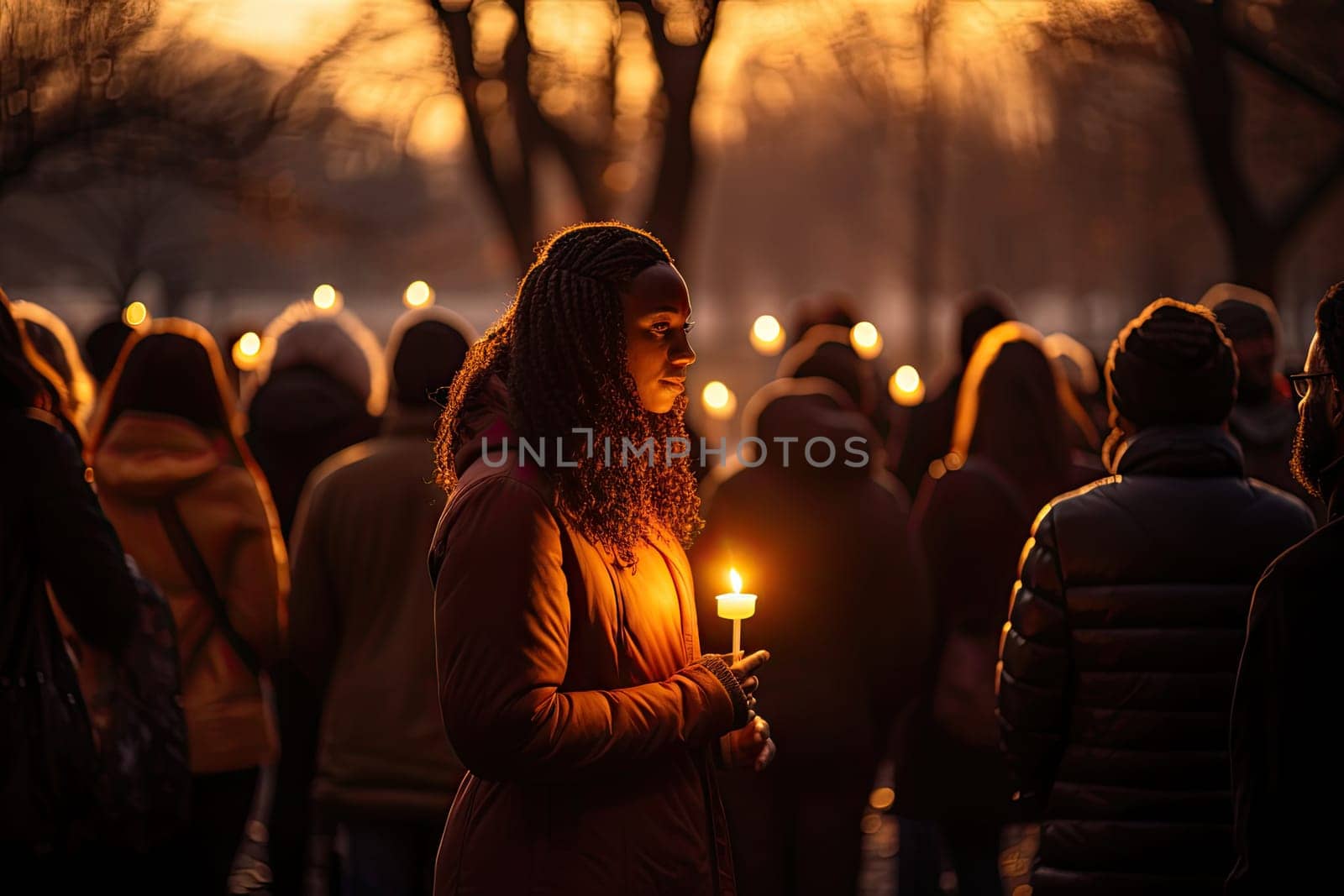 a woman holding a lit candle in front of a group of people on a city street at sunset, with the sun behind her
