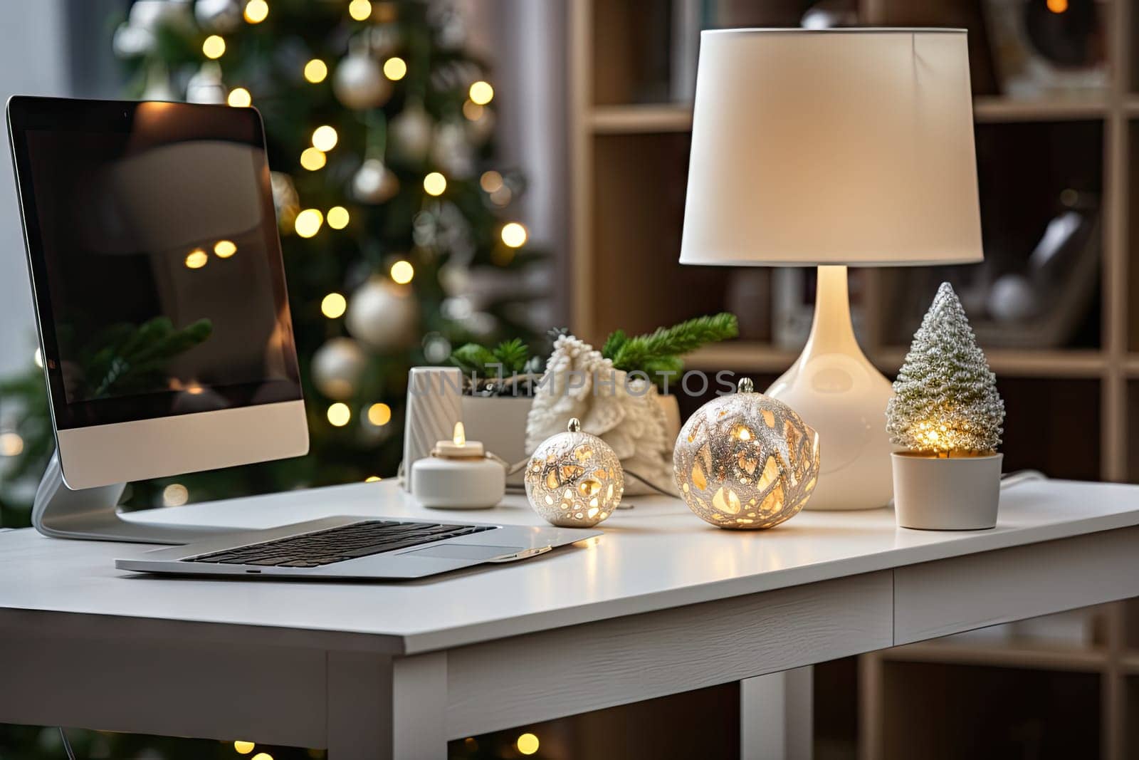 a computer on a desk with christmas decorations and lights in front of the monitor, which is sitting on a white table