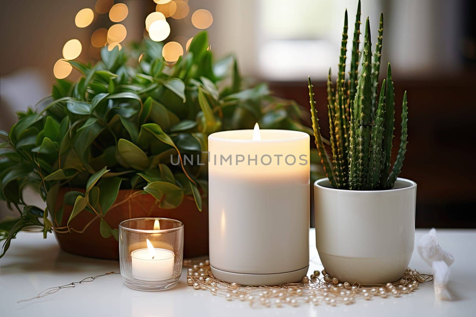 some plants and candles on a table with christmas lights in the background photo is taken from above, but no one can be seen