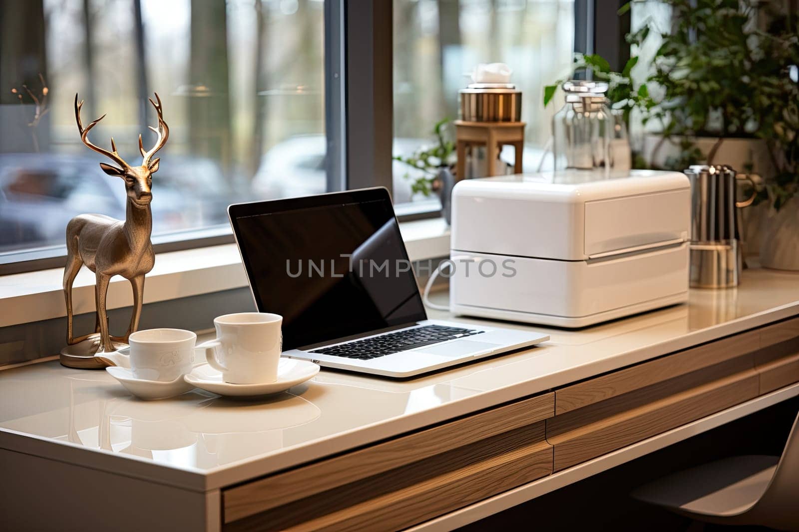 an office desk with a laptop, coffee cup and deer figurie on the table next to the window