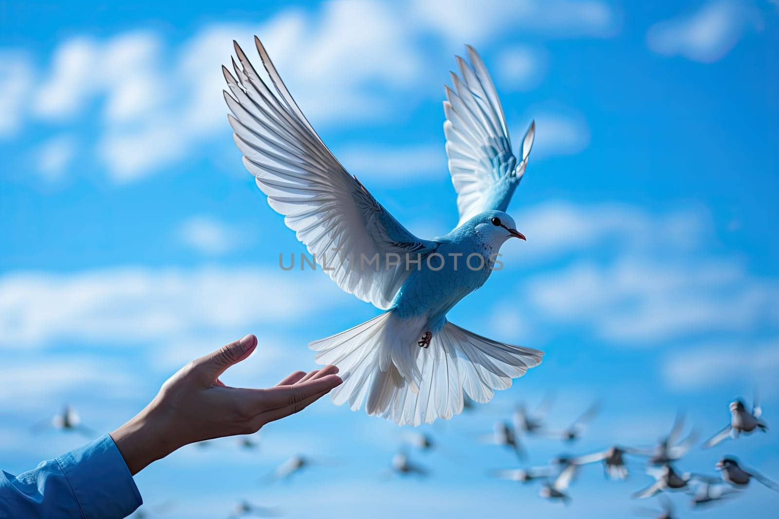 a bird flying in the air with its wings spread out and it is about to land on someone's hand
