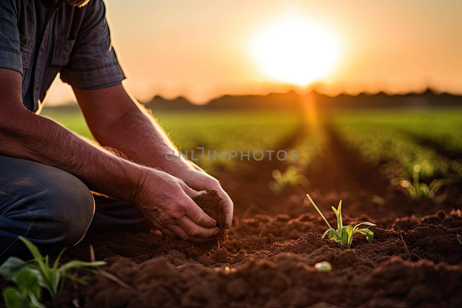 a man kneeling down in the ground to plant some crops at sunset time, with his hands resting on the ground