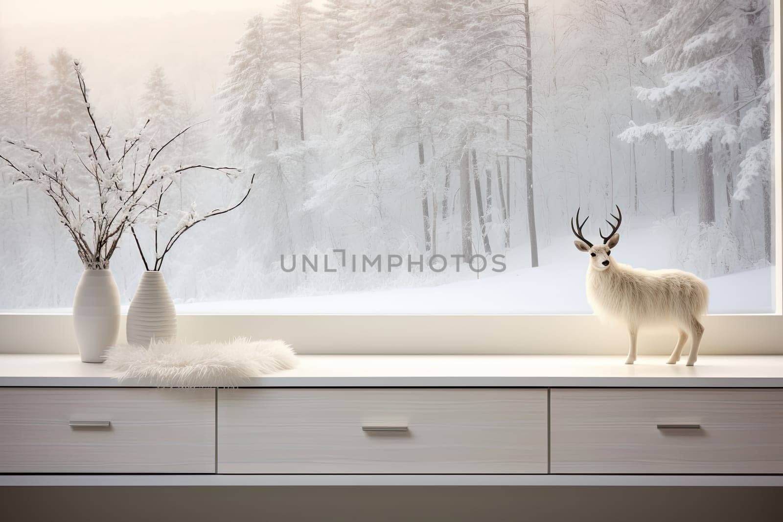 a white deer standing in front of a window with snow on the windowsills and trees outside behind it