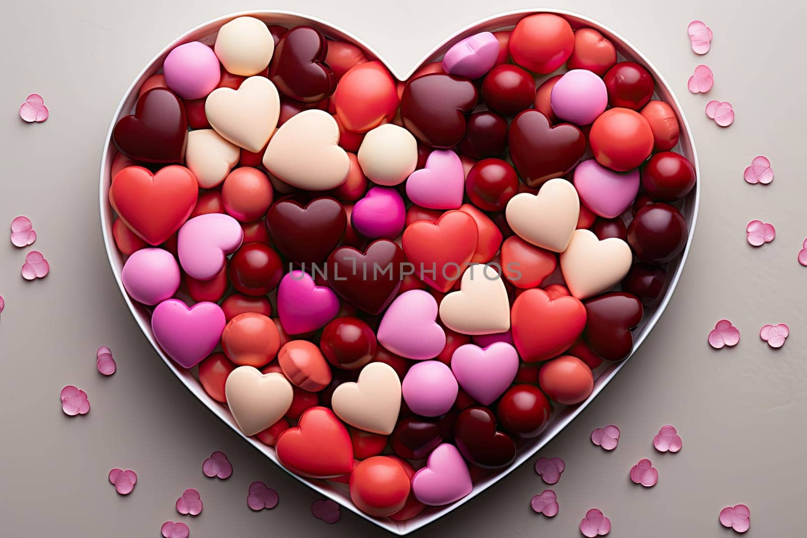 a heart shaped box filled with hearts on a gray surface, surrounded by scattered pink and red hearts for valentine's day