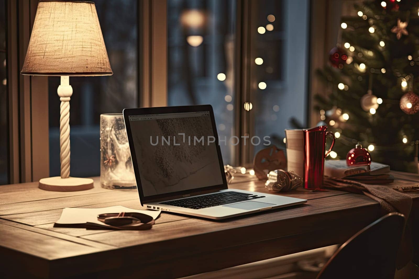 a laptop sitting on a desk next to a christmas tree with lights in the background and a cup of coffee