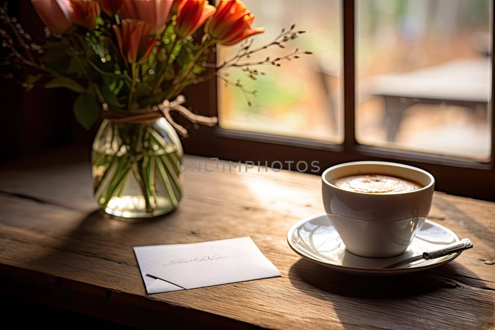 a cup and saucer on a wooden table next to a vase with orange flowers in the photo is blurry