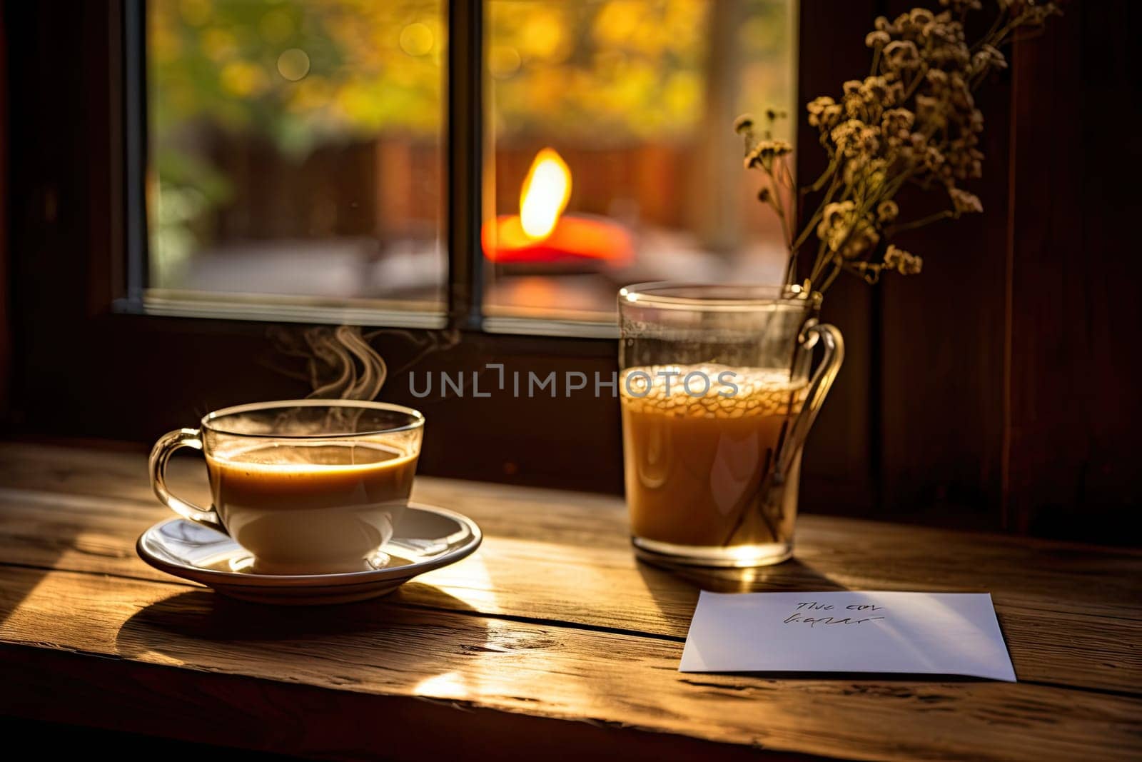 a cup and saucer on a table next to a window with the sun shining in the windows behind it