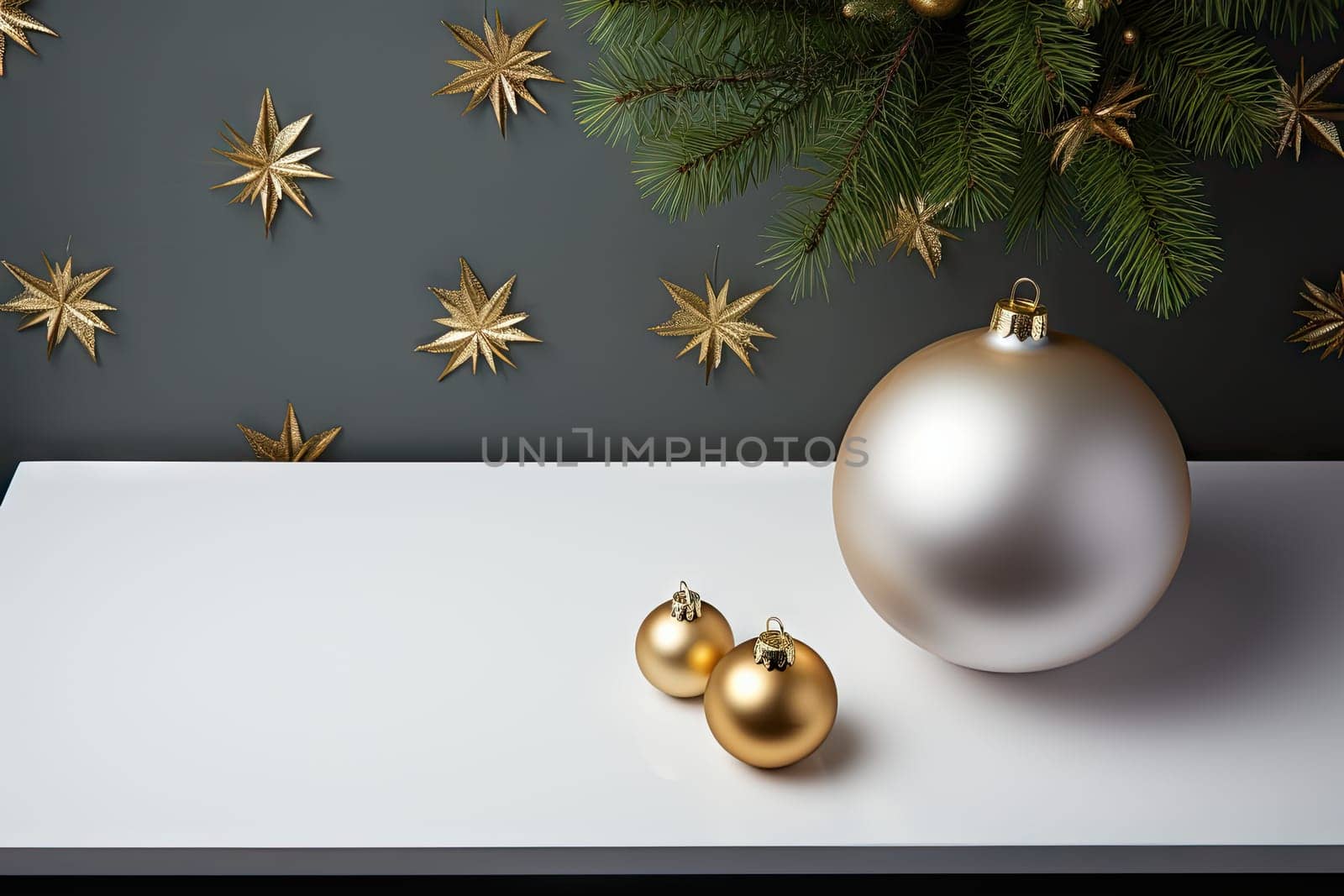 christmas decorations on top of a white table with gold stars and evergreen branches in the background is dark gray wall