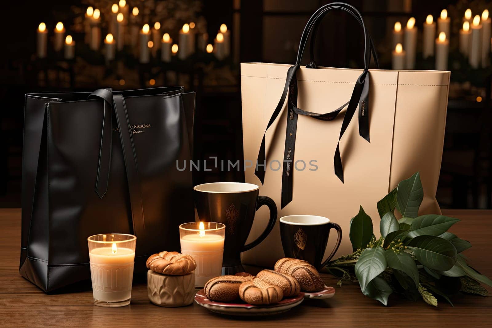 two bags, one with a candle and the other with candles in the background on a table next to them