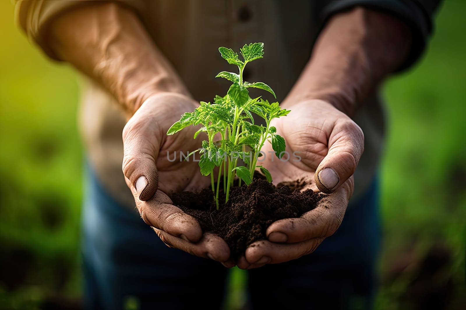 someone's hands holding a young plant with soil in the middle, which is being held by two other hands