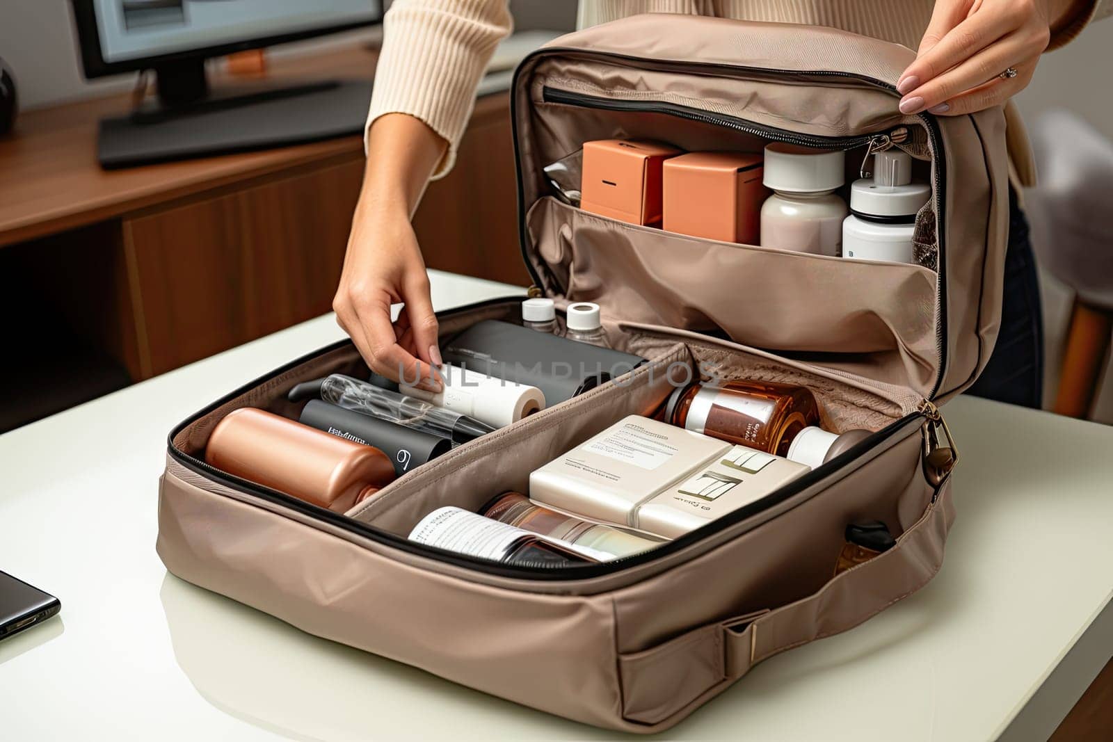 a woman packing her travel bag on the table in front of a computer monitor and other items to be used