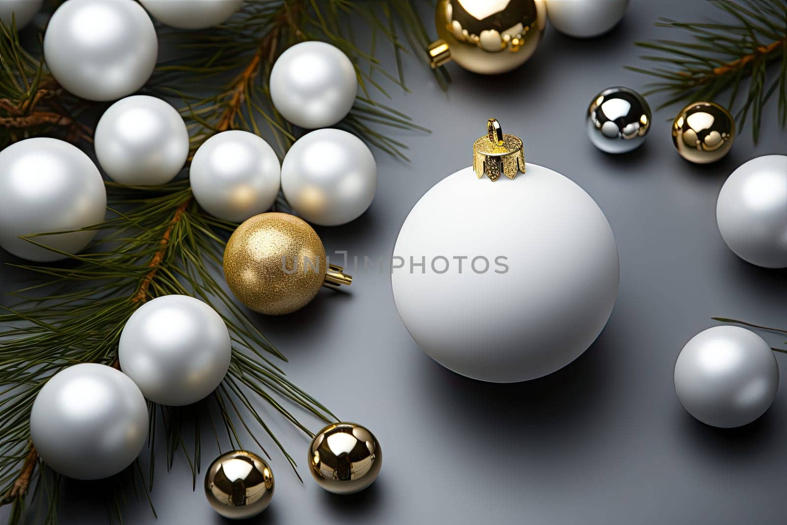 some white balls and pine needles on a grey background with copy space in the ball is surrounded by golden ornaments