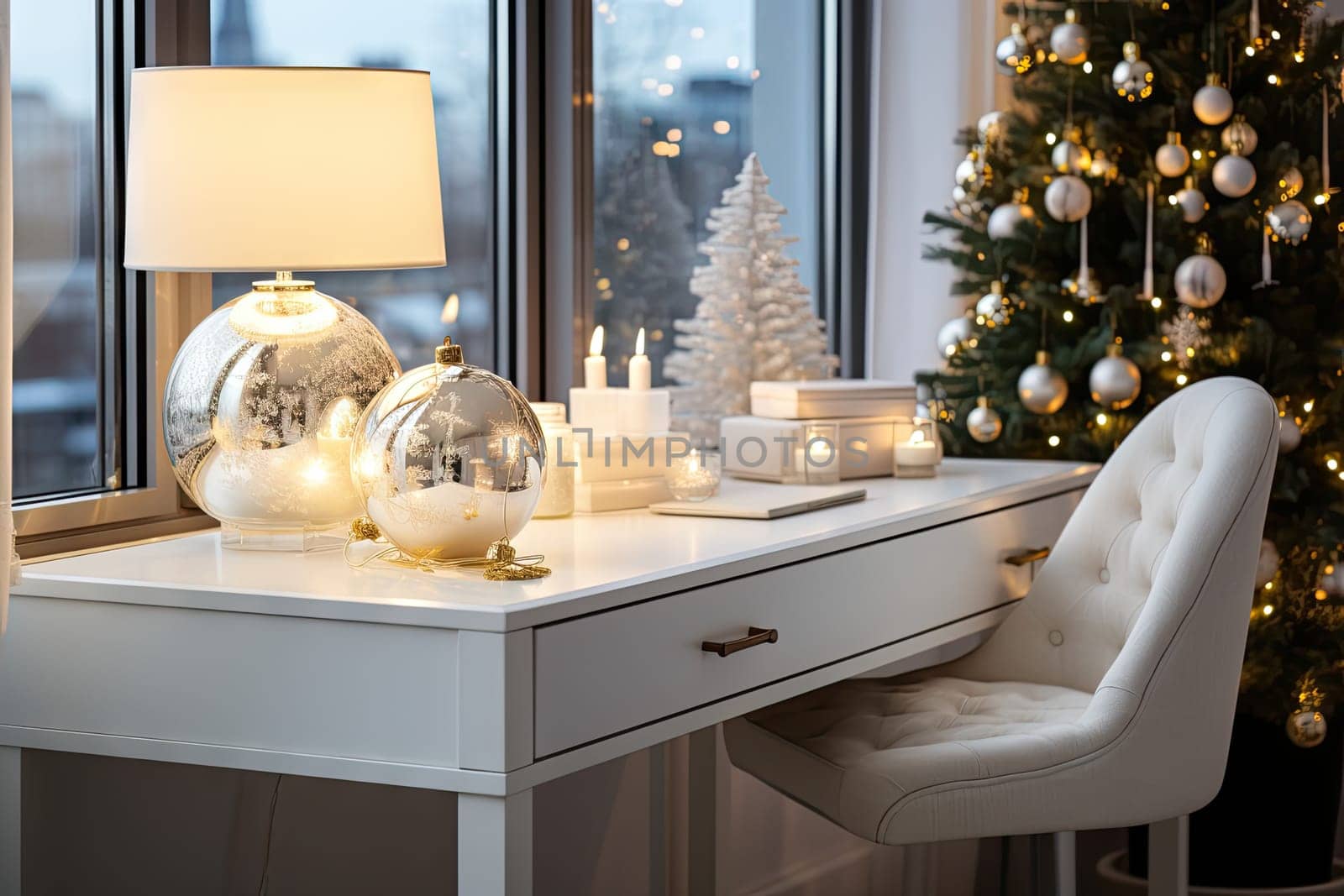 a christmas tree in the corner of a room next to a desk with a white chair and lamp on it
