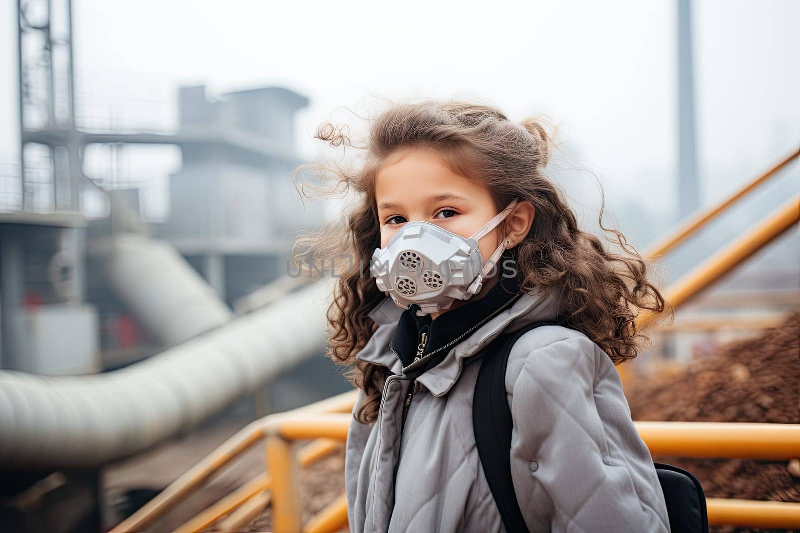 a little girl wearing a face mask and looking at the camera while she is waiting for her train to arrive