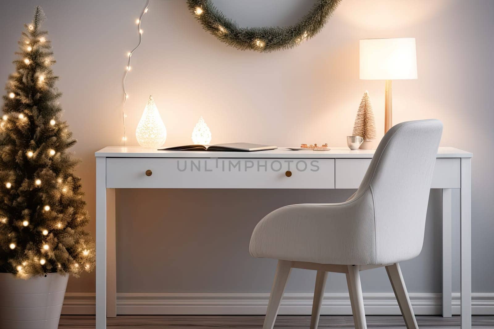 a christmas tree in the corner of a room with a white desk, chair and mirror on the wall behind it