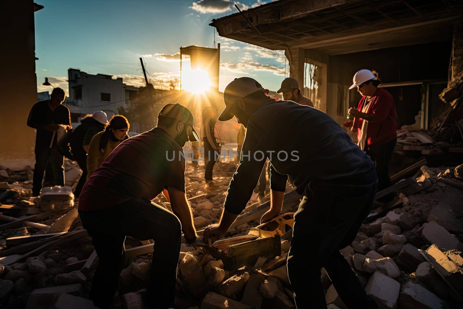 two men working on rubbles in front of a building with the sun shining through the window and behind them