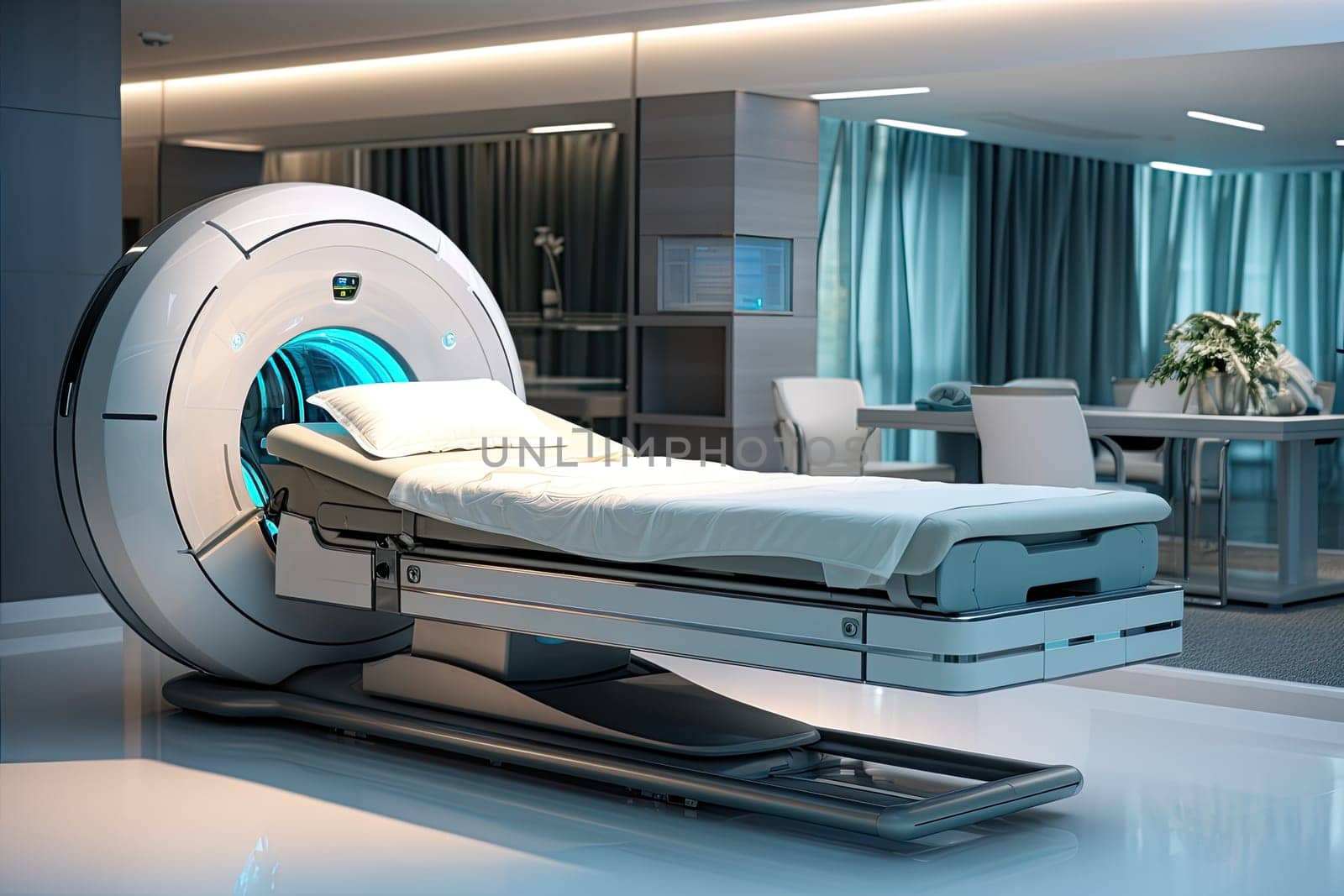 a hospital room with a bed in the middle and an mri on the other side of the room is empty