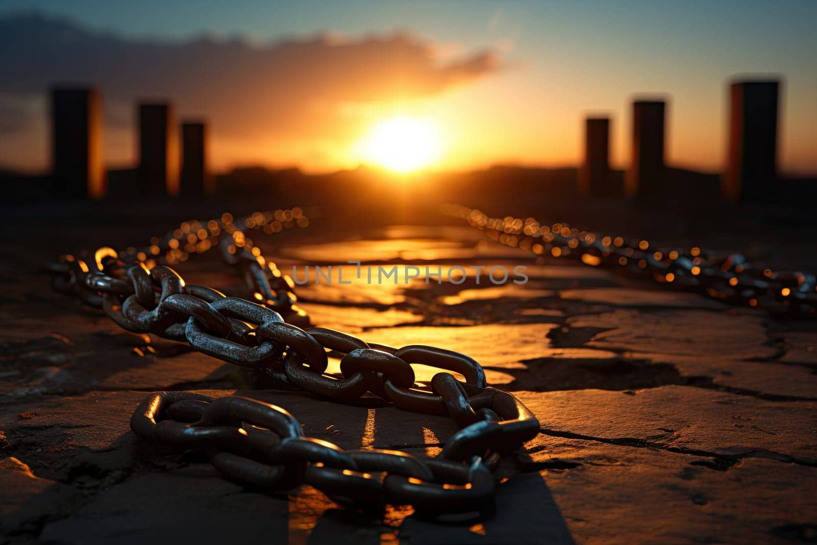 a chain that is laying on the ground in front of a cityscaing area with buildings at sunset time