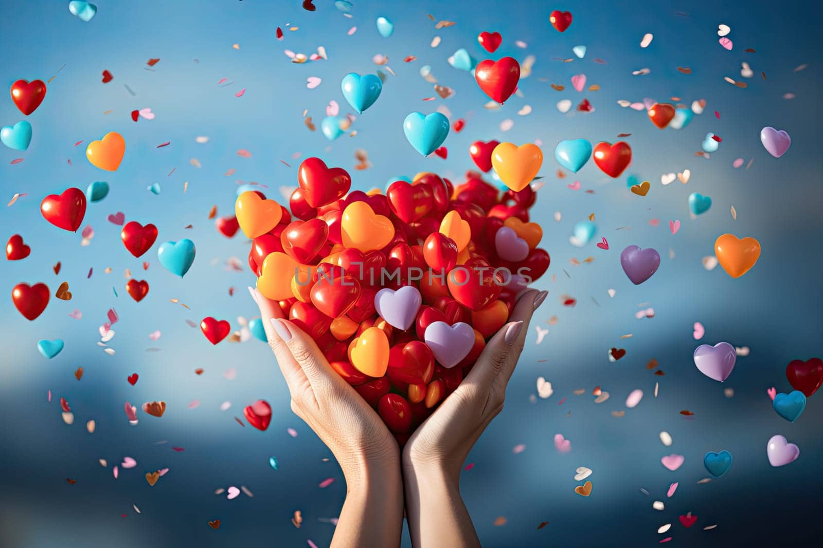 someone's hands holding a bunch of heart - shaped balloons in front of a blue sky filled with hearts