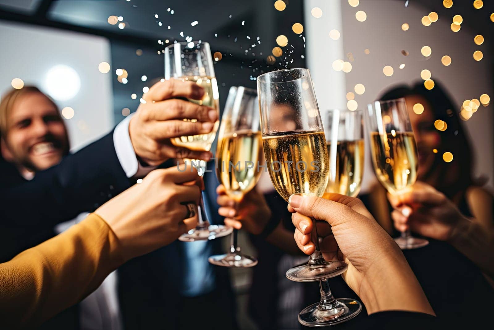 people toasting with glasses of wine and sparkling lights in the background photo