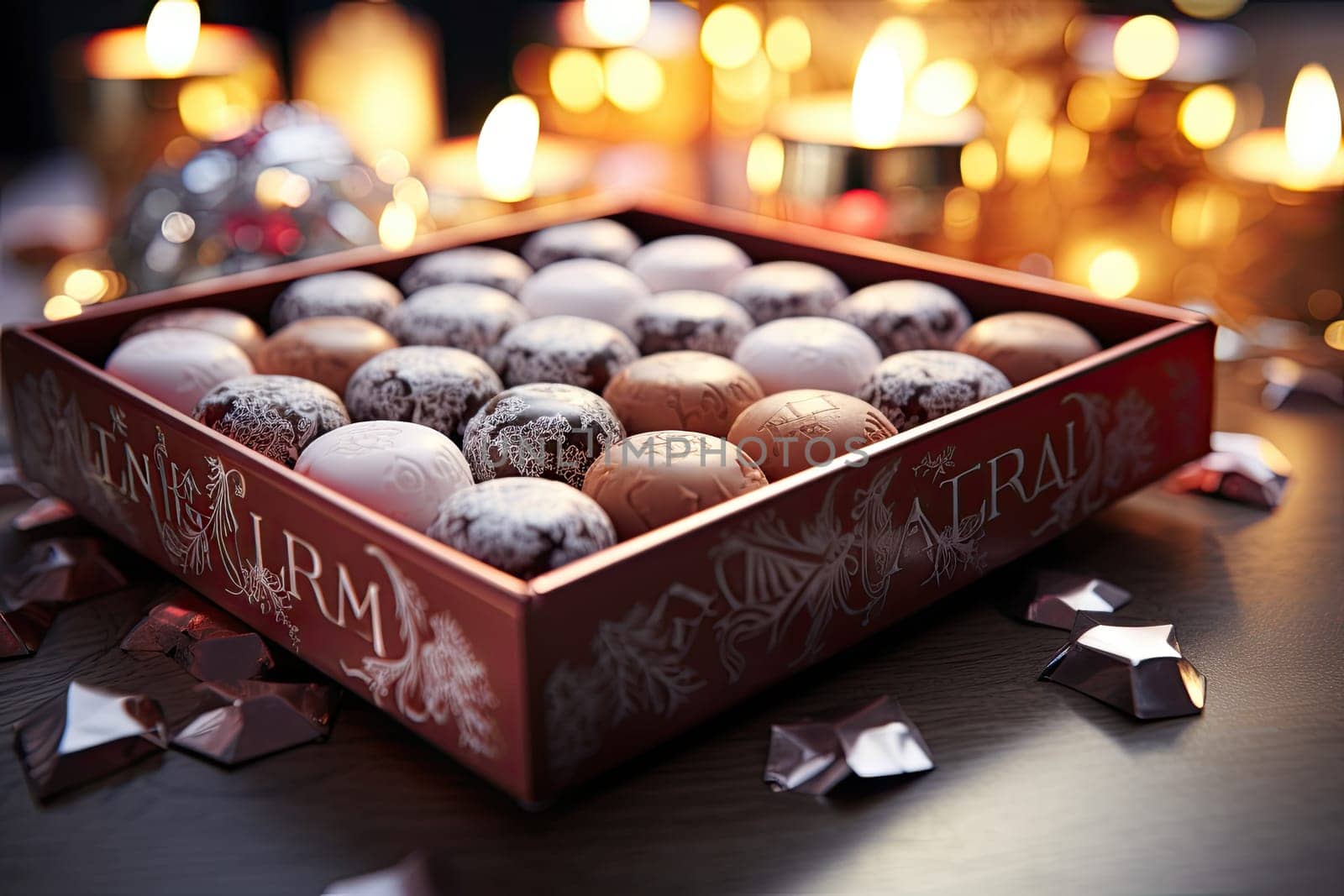 some chocolates in a box on a table with candles and lights in the background at night time, as seen from above