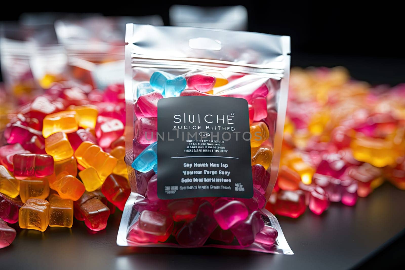 CBG Gummies. some candy candis on a black table with other candis in the background and a sign that says suie