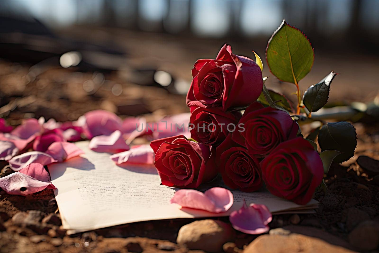 red roses and an open book on the ground with petals scattereded around it, as if they are in love
