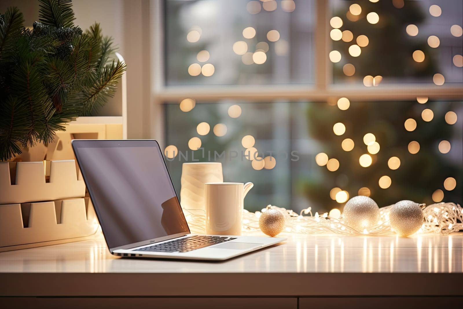 a laptop computer on a desk with christmas lights in the window behind it and a cup of coffee to the side