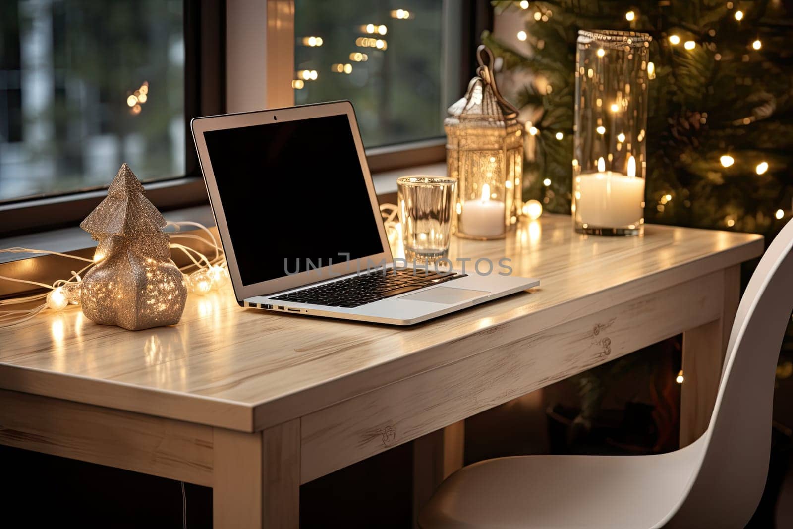 a laptop computer sitting on a table with christmas lights in the window behind it and a white chair next to the desk