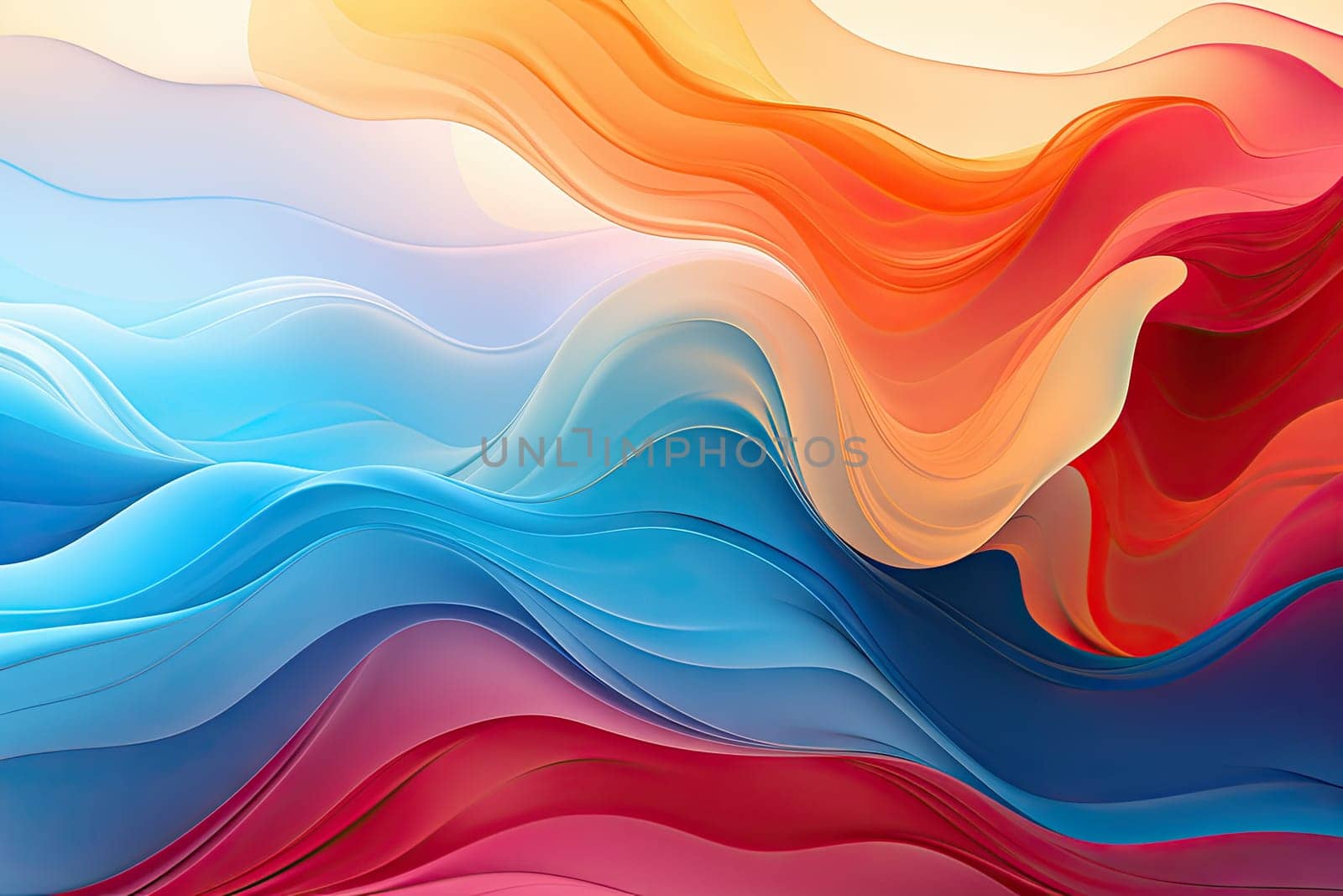 an abstract background with wavy lines and waves in red, orange, blue, yellow, pink, and white