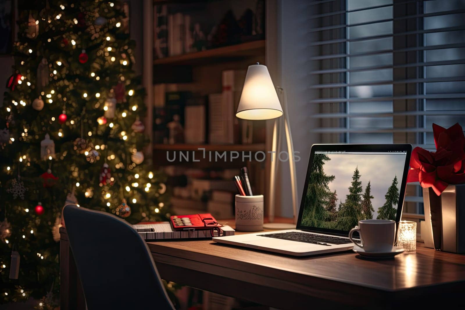 a christmas tree is displayed on the table next to a laptop computer with a red ribbon around it and a white lamp