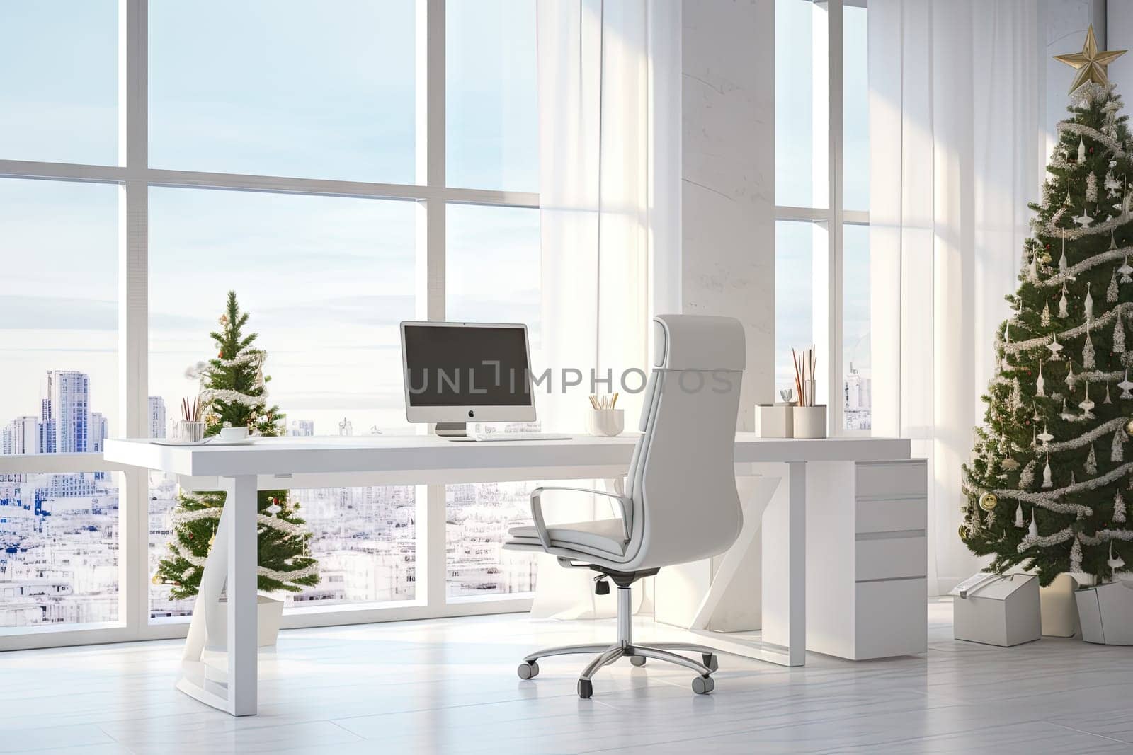 a white office with a christmas tree in the corner and a laptop on the desk, next to it is a large window