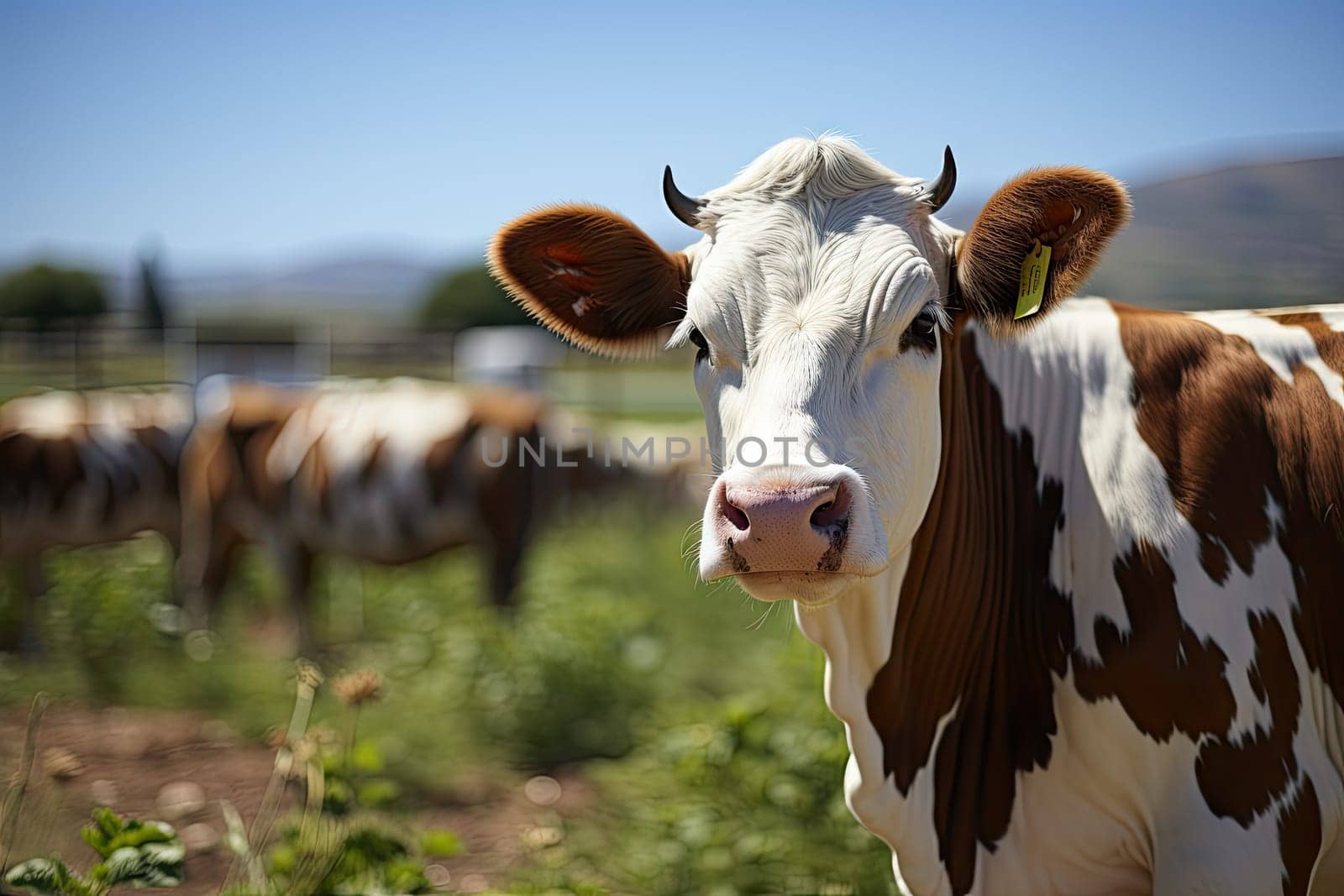 a brown and white cow looking at the camera with other cows in the background on a clear blue sky day