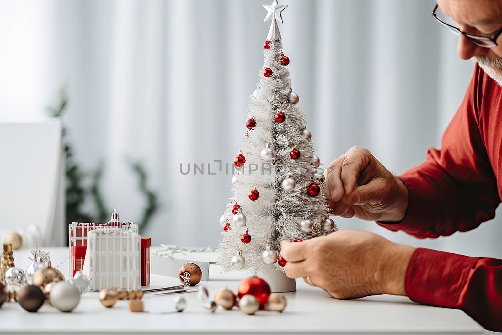 a man decorating a small white christmas tree with red and silver ornaments on it, sitting next to a laptop