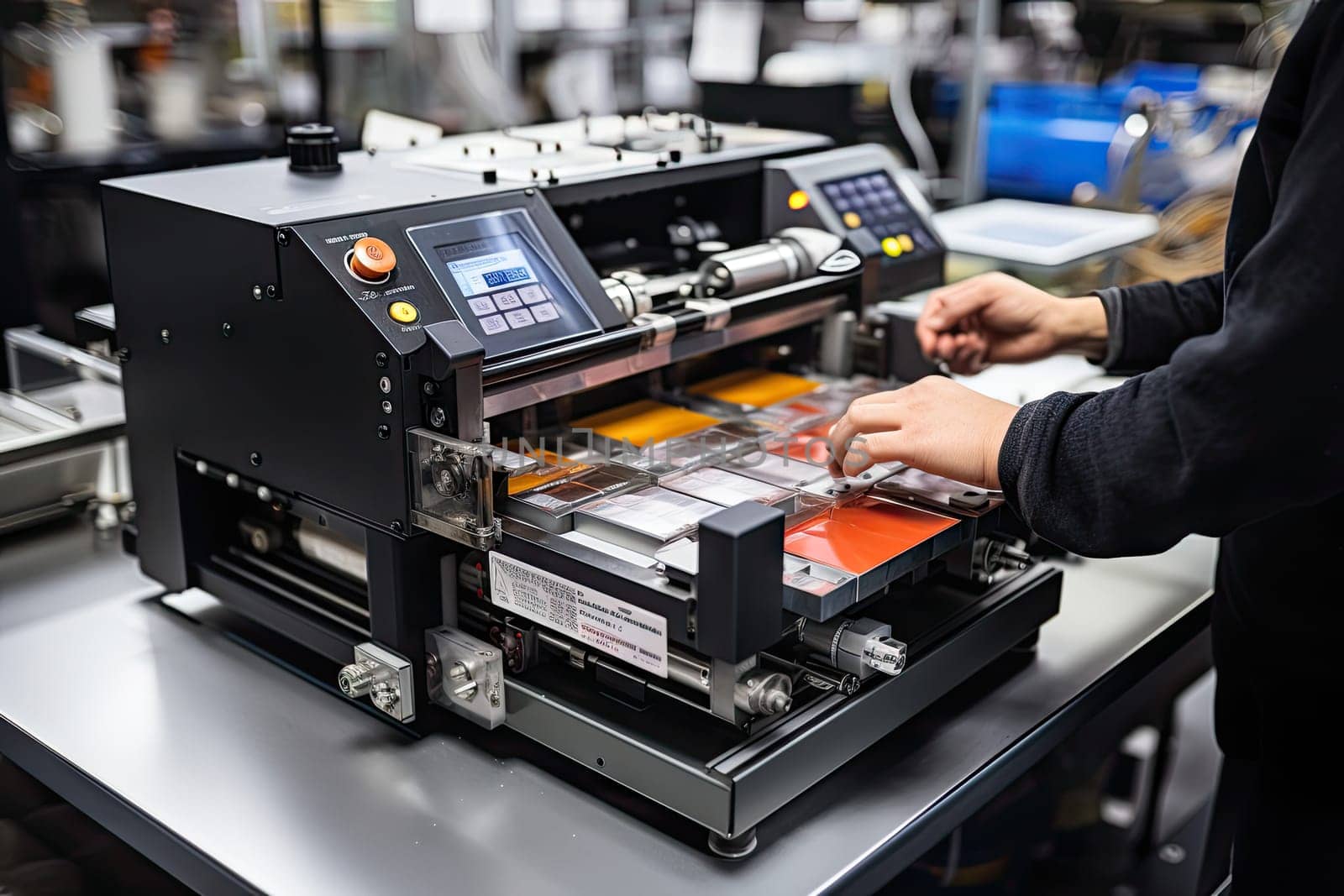 a person using a printer machine to print an image on a piece of paper in a large room with lots of other machines