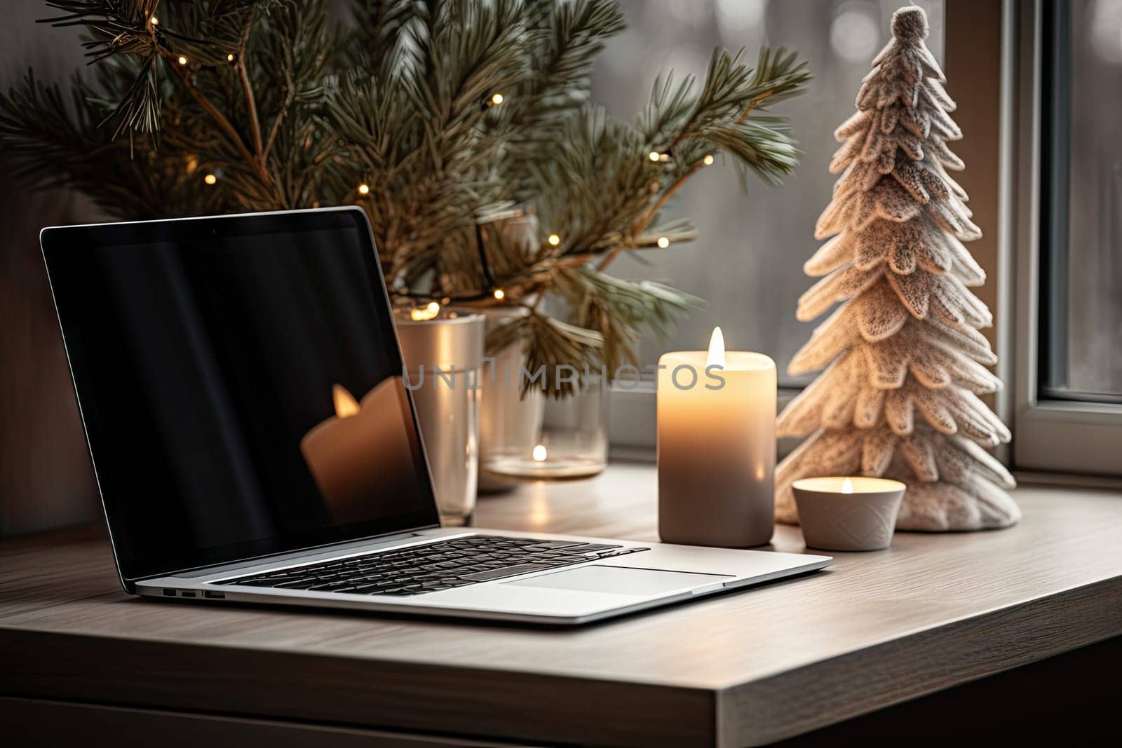 a laptop on a desk next to a christmas tree with candles and a lit candle in the window behind it
