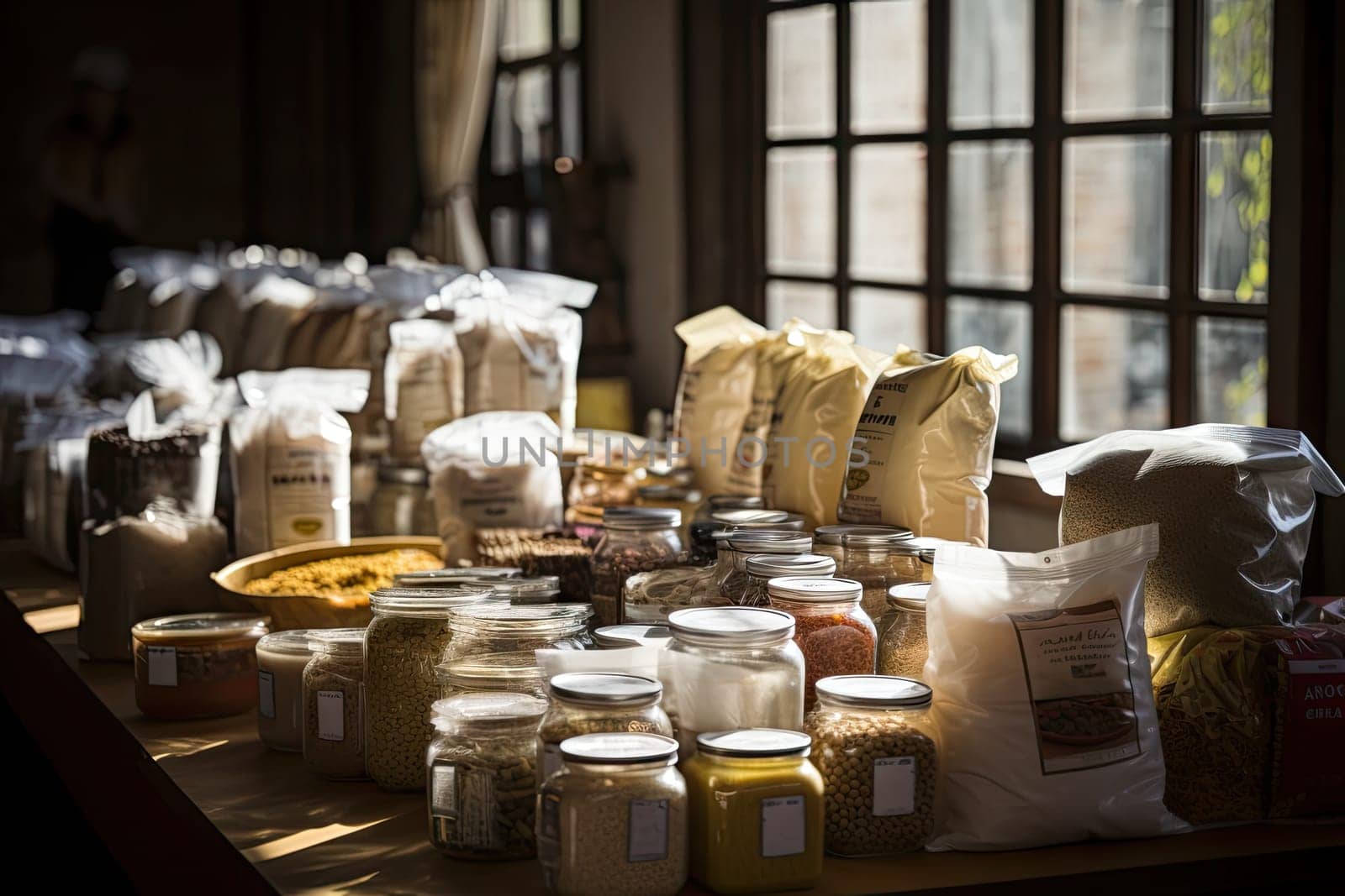 food on a table in front of a window with sunlight streaming through the panes and sun shining through it